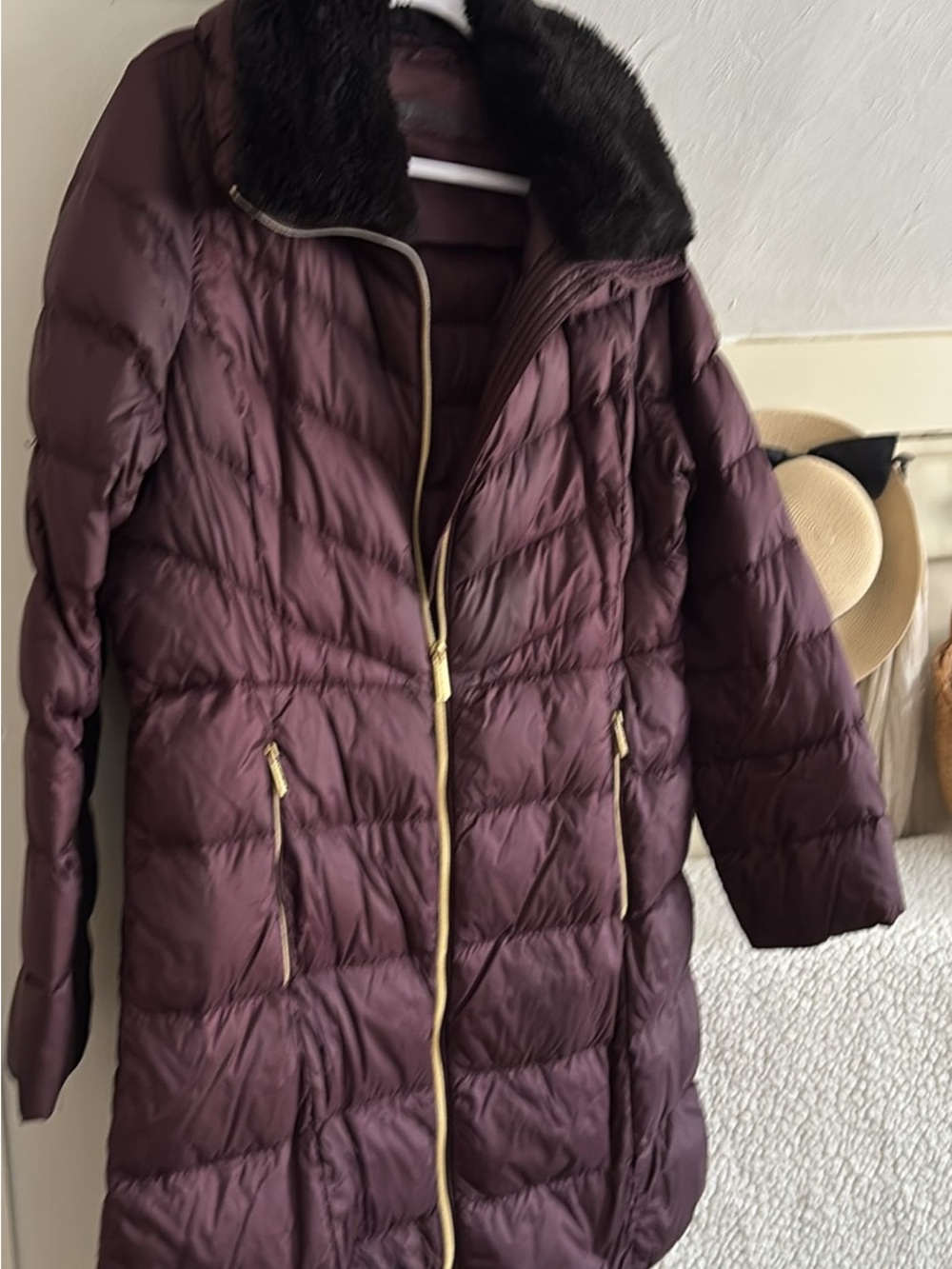Michael Kors Long Quilted Puffer Coat with Faux Fur Collar - Plum